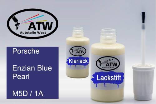 Porsche, Enzian Blue Pearl, M5D / 1A: 20ml Lackstift + 20ml Klarlack - Set, von ATW Autoteile West.